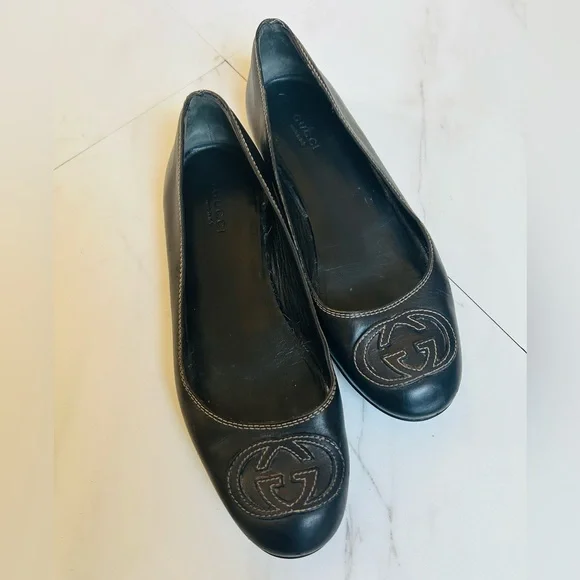 Gucci Vintage Interlocking G Black Leather Ballet Flat Stitching 37 / 6.5 - Picture 11 of 11